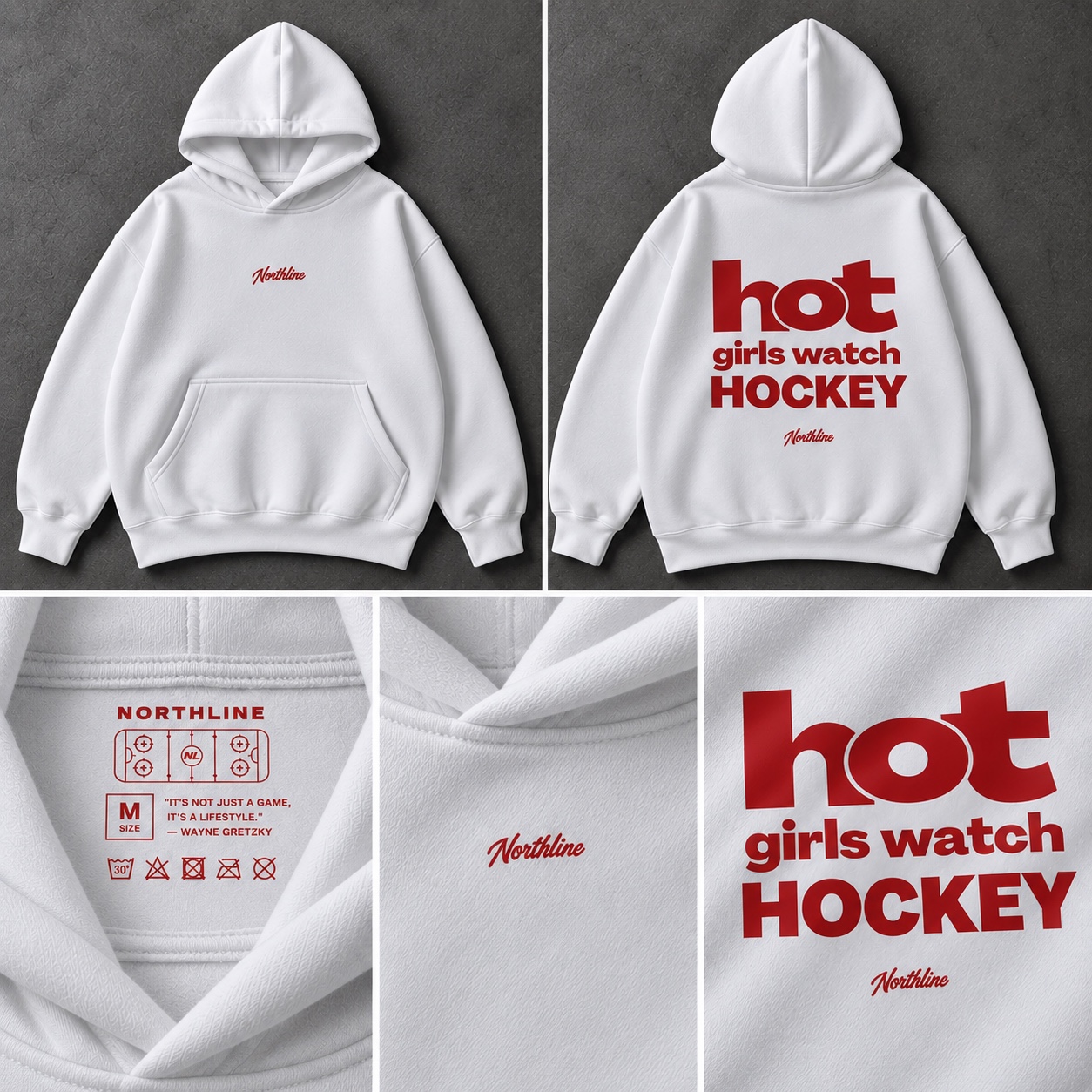 Белое худи Northline Hot Girls Watch Hockey, вид спереди